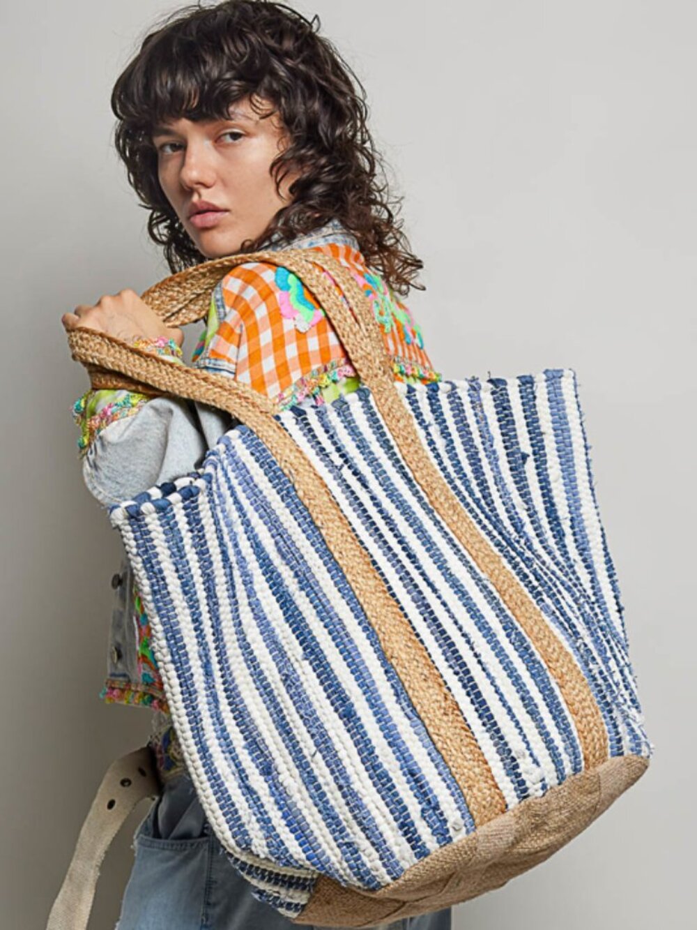 POL Ivory / Denim Cotton Weave Tote Shoulder Bag Large Travel NWT